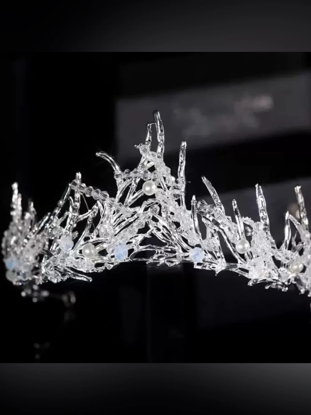 Delicate Crystal and Pearl Branch Tiara - Silver-White